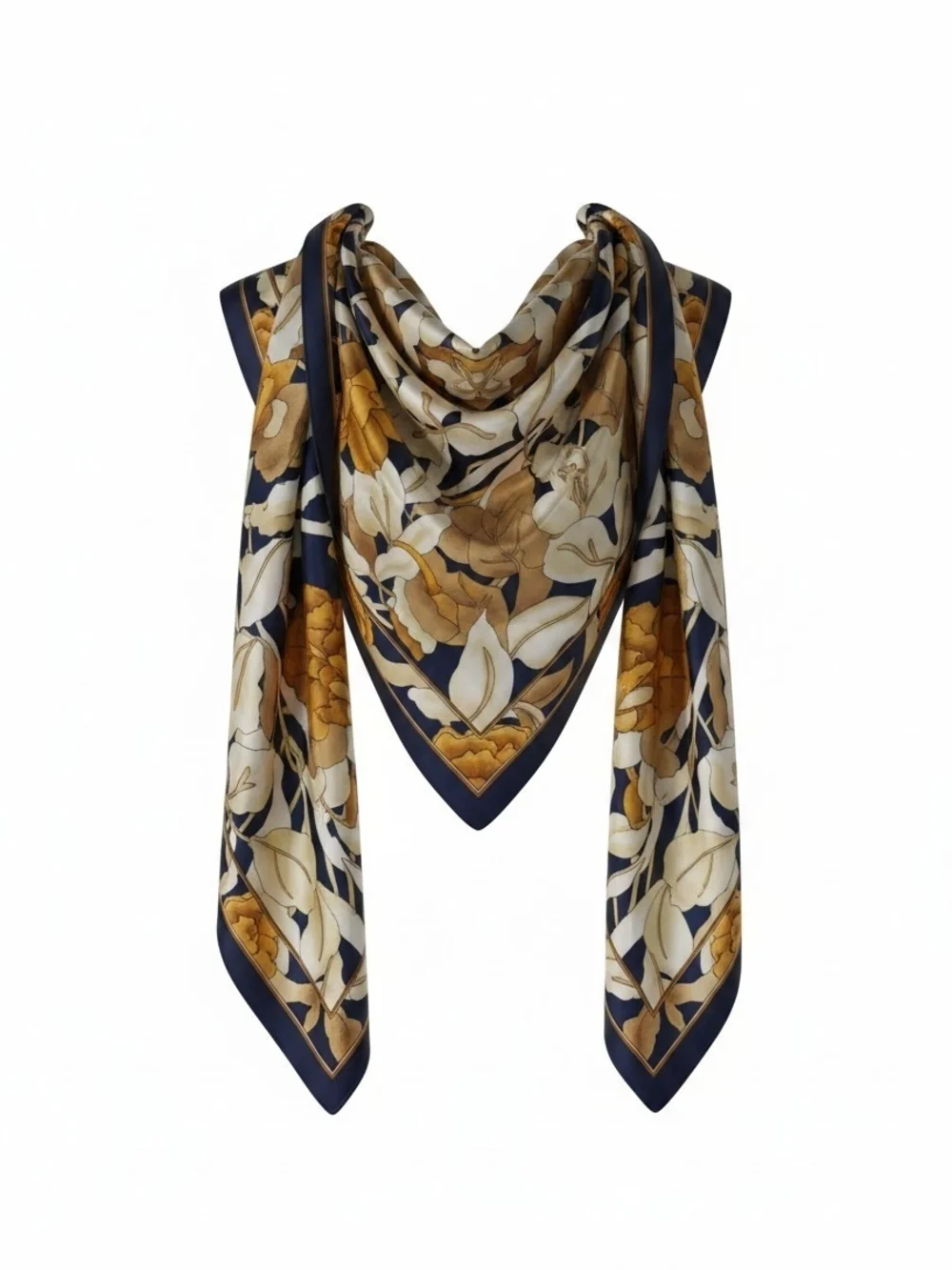 Silk Floral Scarf in Navy and Gold